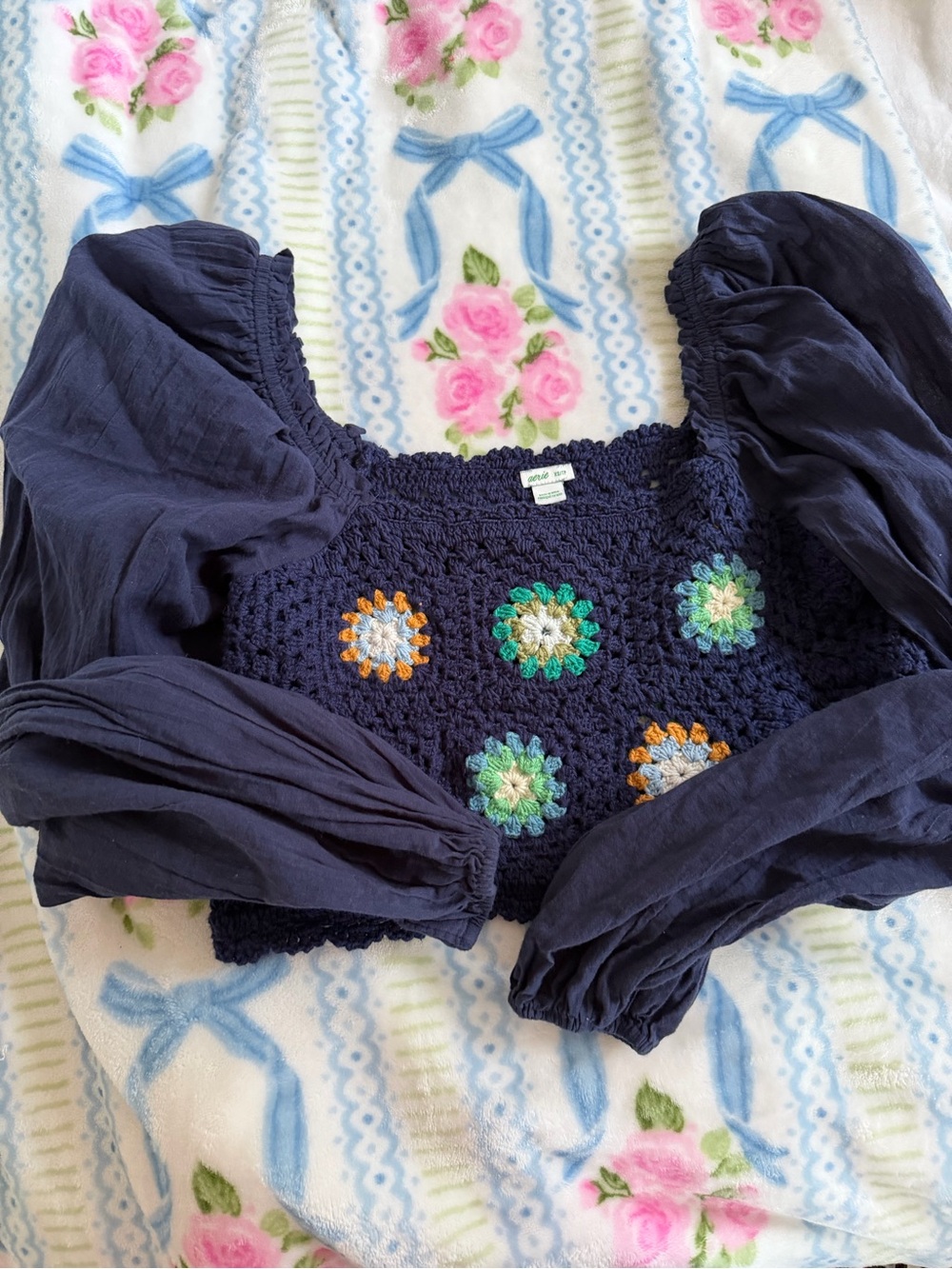 aerie Navy Crochet Puff-Sleeve Crop Top with Multicolor Flower Motifs